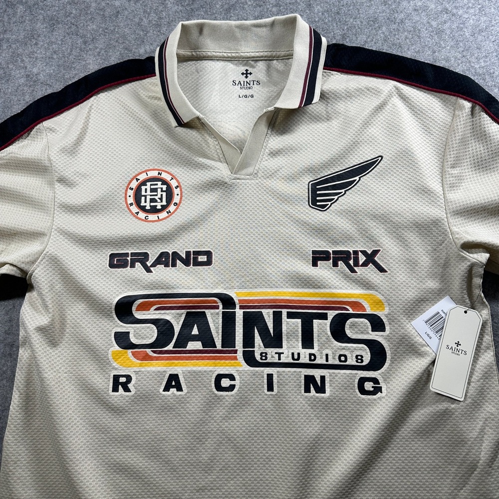 Saints Studio Racing Jersey Mens Large Cream Grand Prix Graphic Mesh Polo‎ Shirt